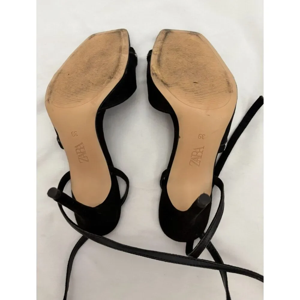 Zara Black Suede Rhinestone Detailed Heels Strappy Size 8.5 EU 39 Classy Formal